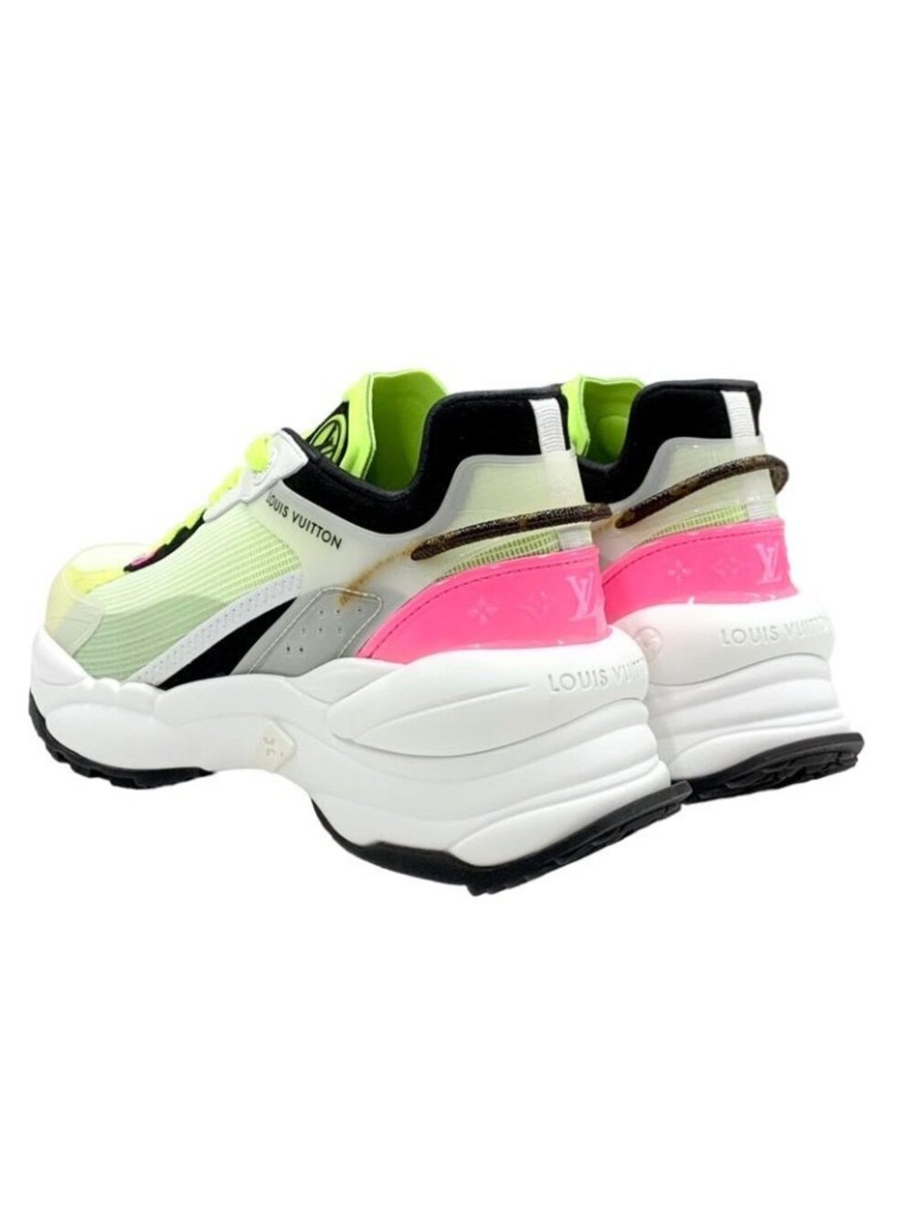 Louis Vuitton Run 55 Line Monogram Sneakers Shoes Fabric Neon Yellow Pink - Picture 4 of 10